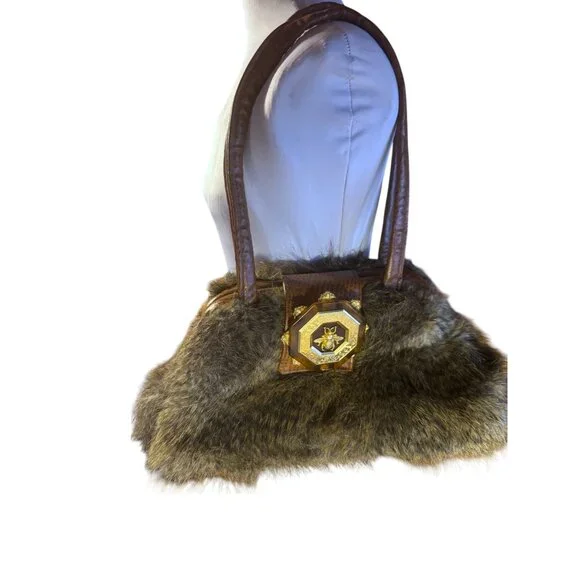 Vintage Bosom Buddy Bags Shoulder Bag With Faux Fur & Leather Accents Bee Emblem - Picture 4 of 9